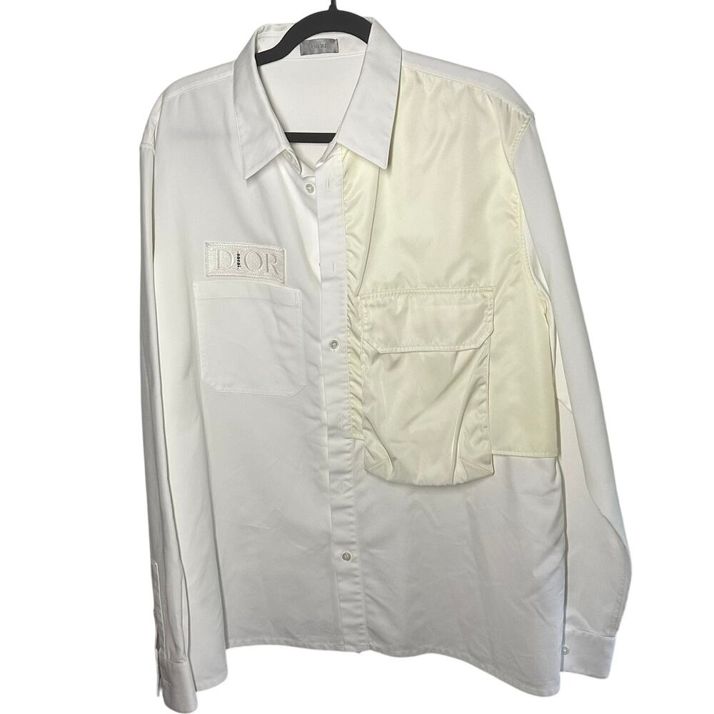Dior x Sacai Men's White Cotton Oversized Pocket Button Down Shirt Size 45 XXL